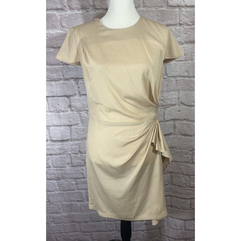 Venus Sheath Dress 10 Beige‎ Tan Gathered Side Elastic Back Short Polyester 9684